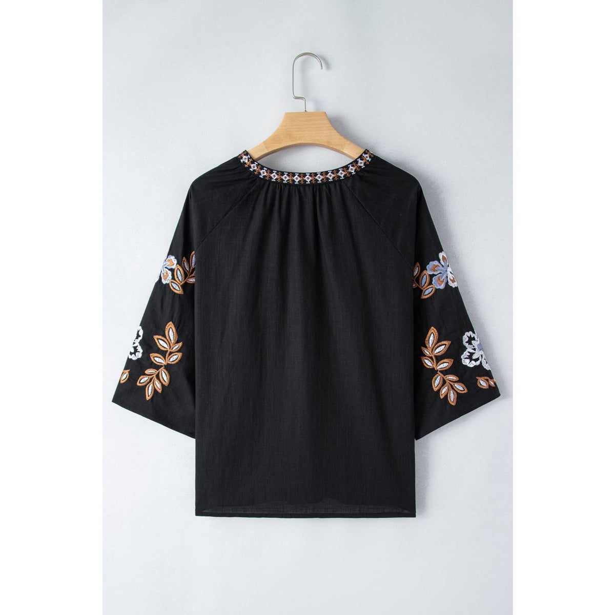 Embroidered V-Neck Three-Quarter Sleeve Blouse Cotton Shirts Top Womenswear