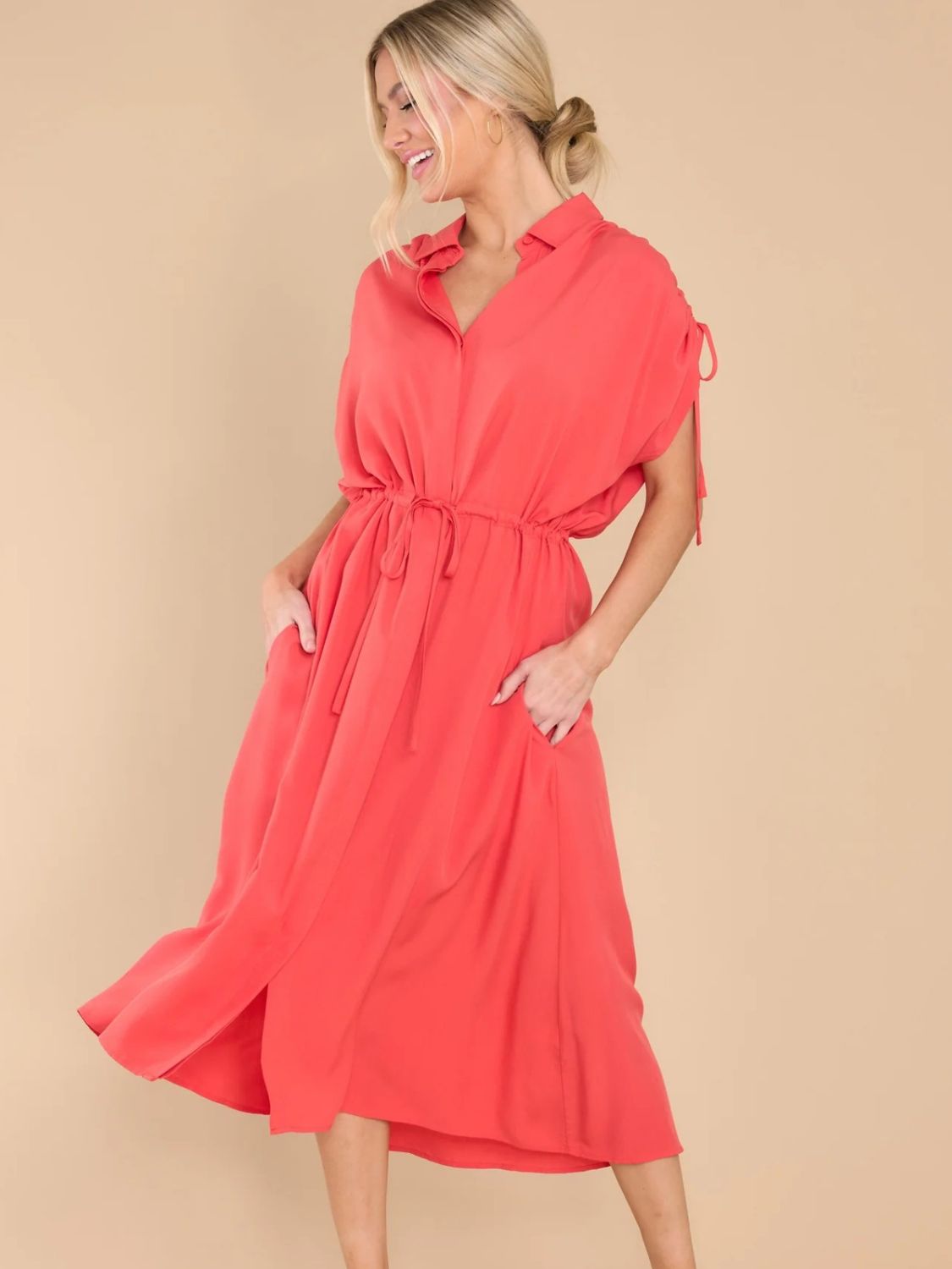 Drawstring Collared Neck Short Sleeve Midi Dress - Scarlett's Riverside Boutique 