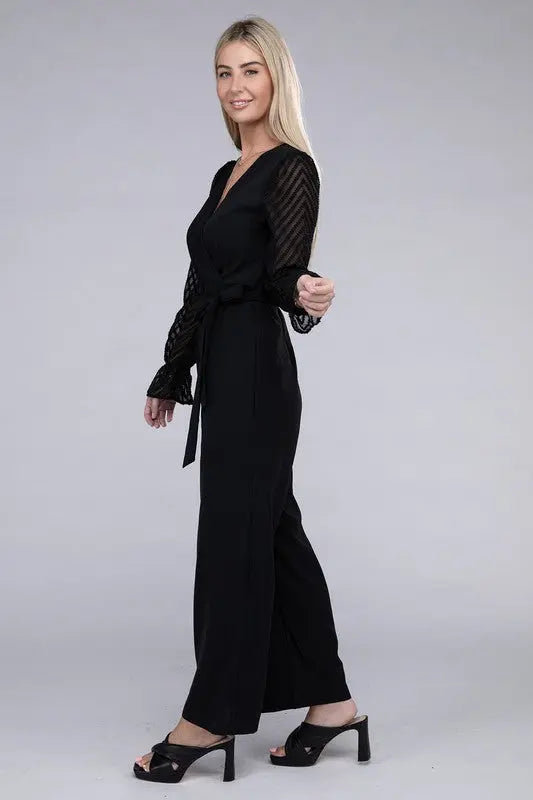 Sheer sleeve and Wide leg Jumpsuit - Scarlett's Riverside Boutique 