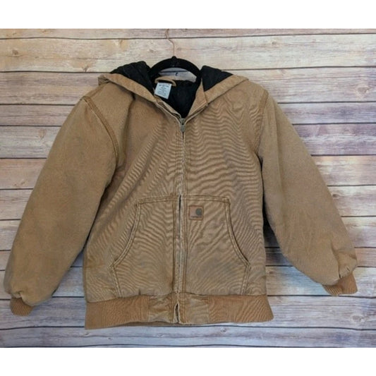 Carhartt Canvas Brown Quilted Insulated Hooded Jacket 10-12 Youth Size