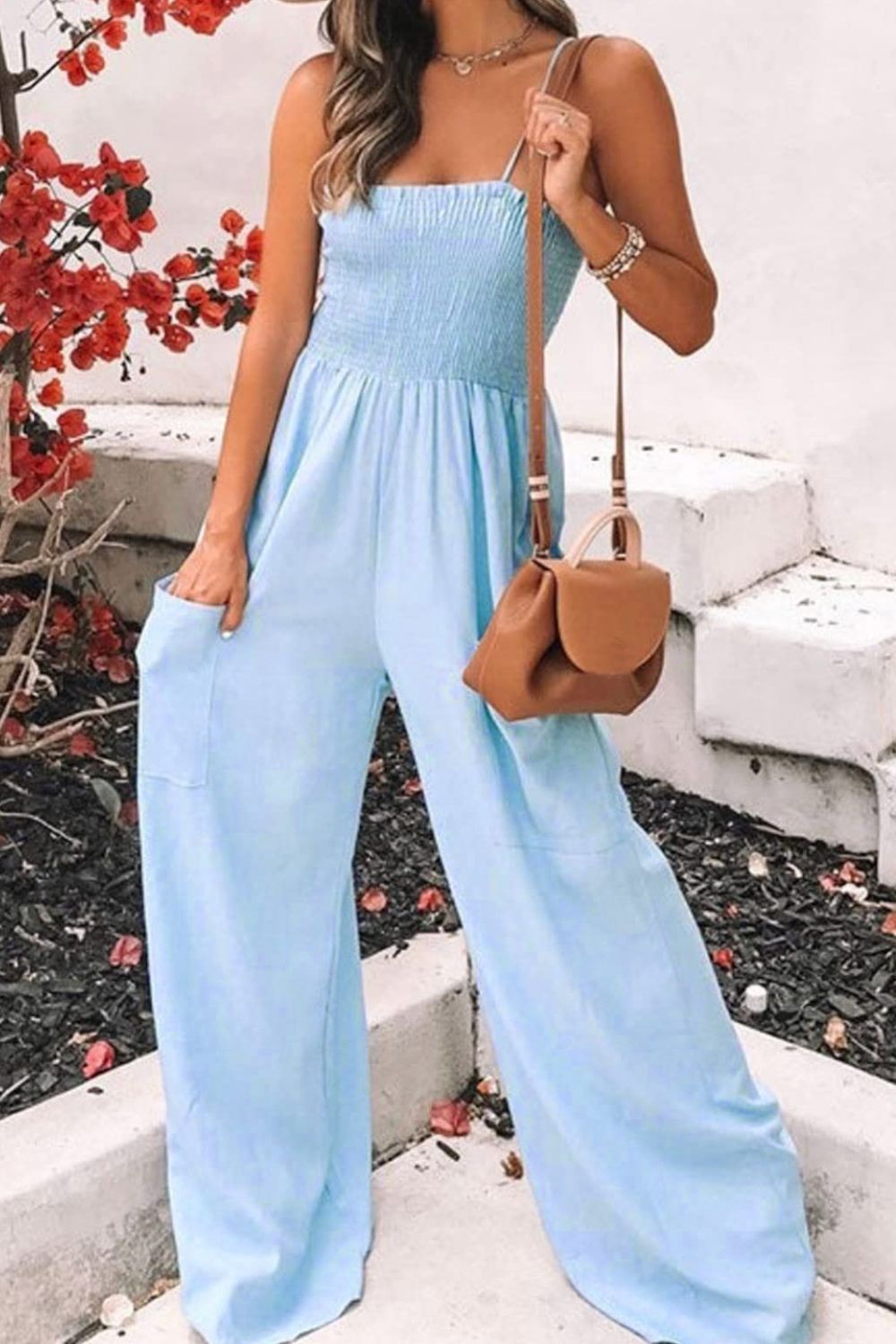 Smocked Spaghetti Strap Wide Leg Jumpsuit - Scarlett's Riverside Boutique 