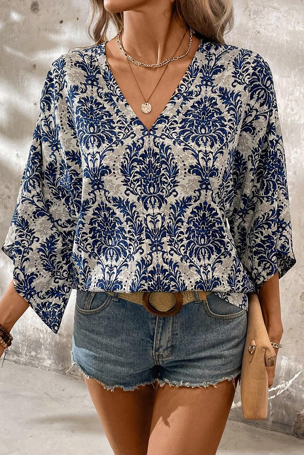 Blue Vintage Flower Tree Quarter Sleeve V Neck Blouse - Scarlett's Riverside Boutique 