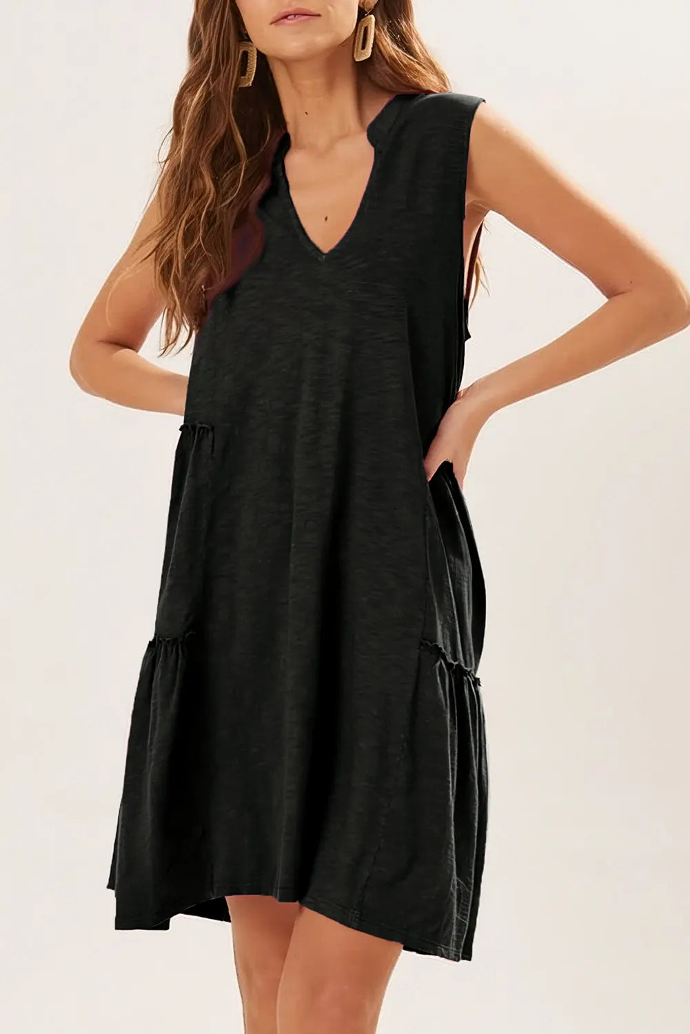 Black Split V Neck Tiered Flowy Sleeveless Dress - Scarlett's Riverside Boutique 