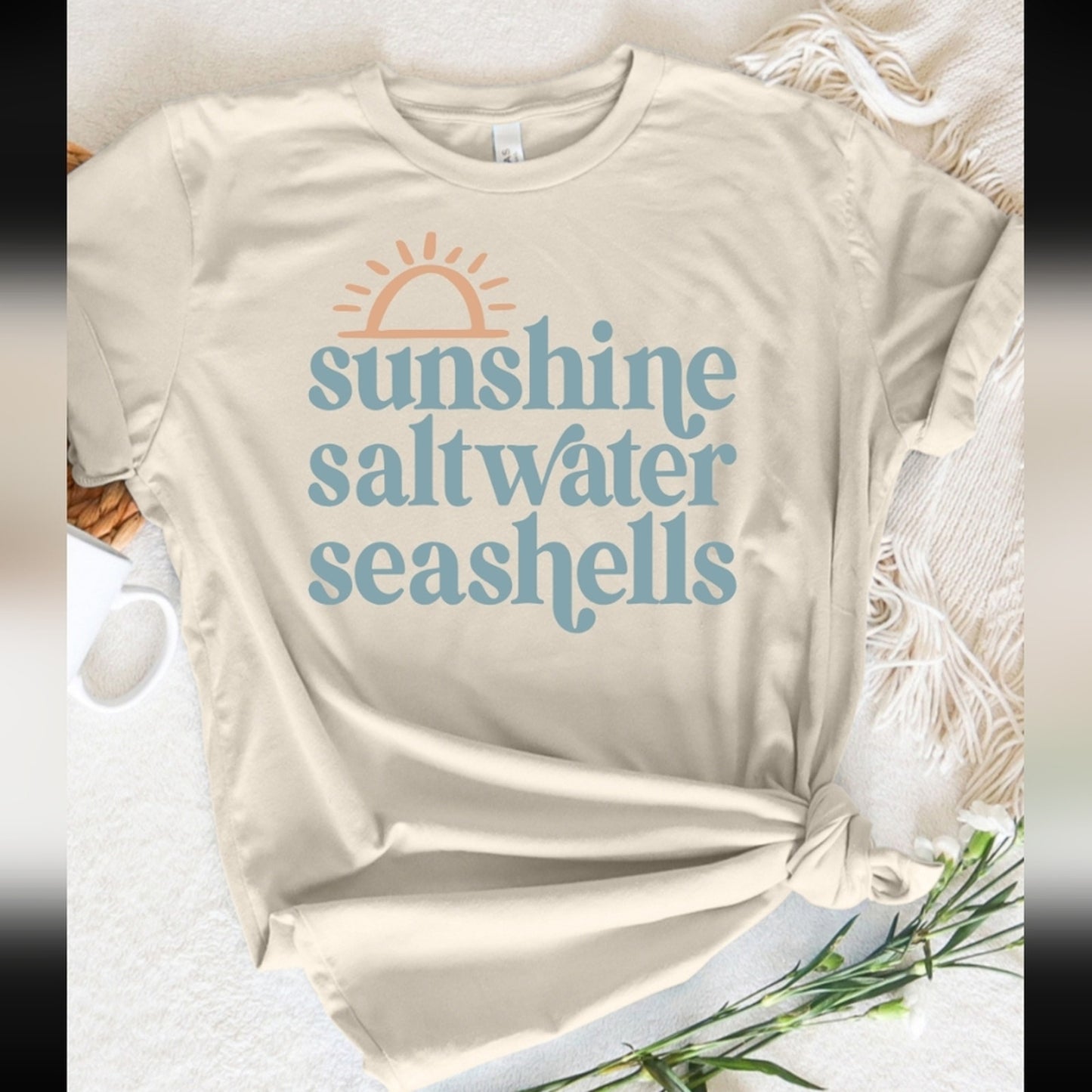 Beige Graphic Tee with Sunshine And Seashells