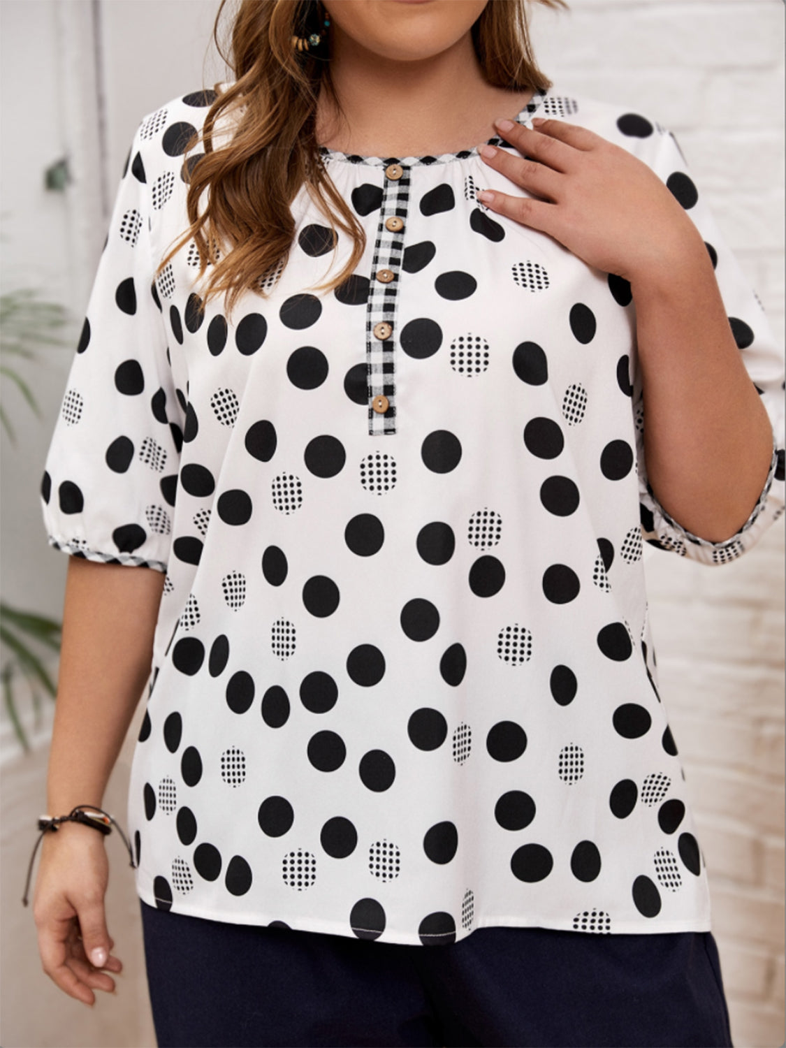 Plus Size Polka Dot Round Neck Half Sleeve Blouse - Scarlett's Riverside Boutique 