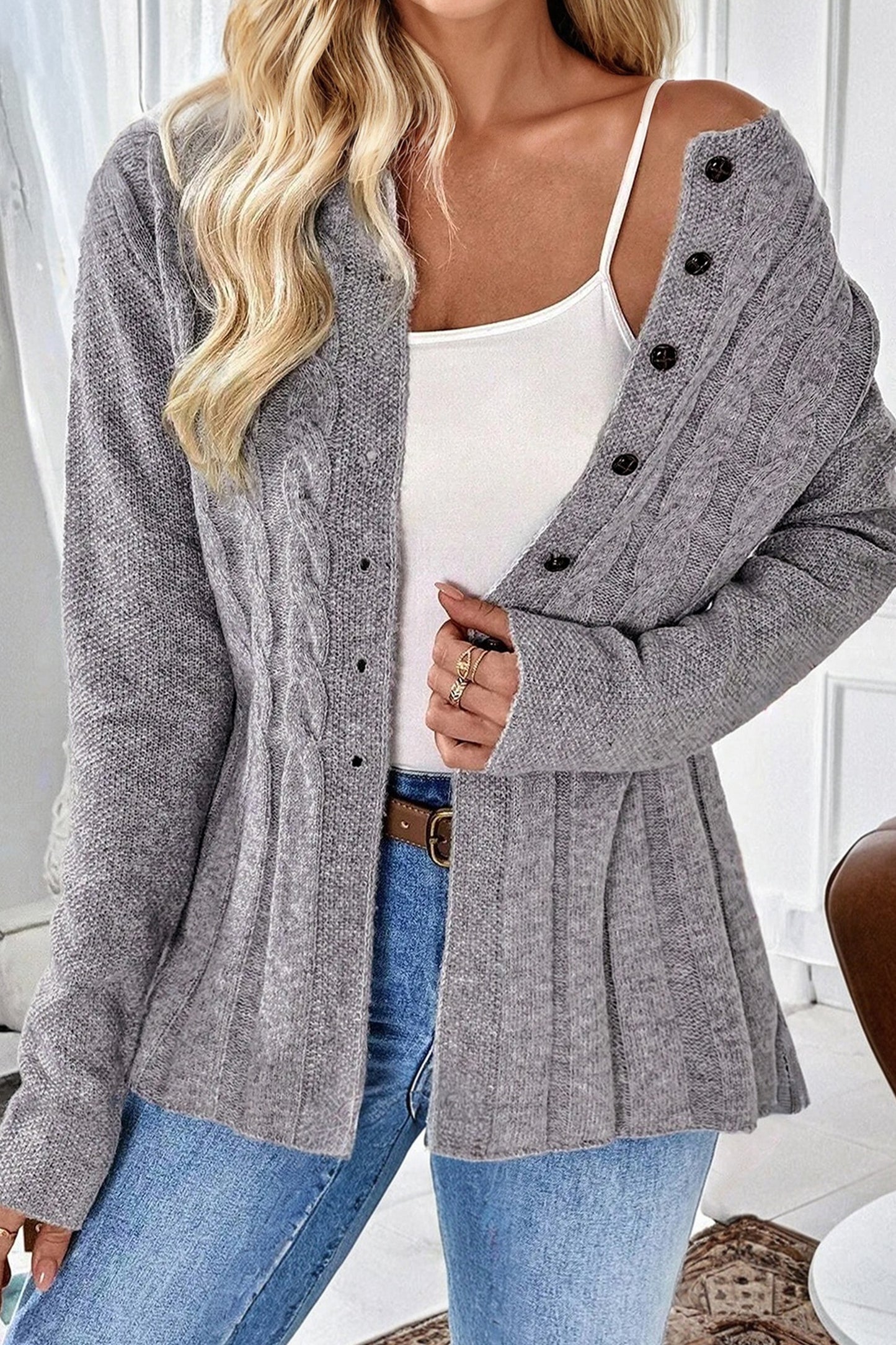 Grey Cable Knit Cardigan Sweater