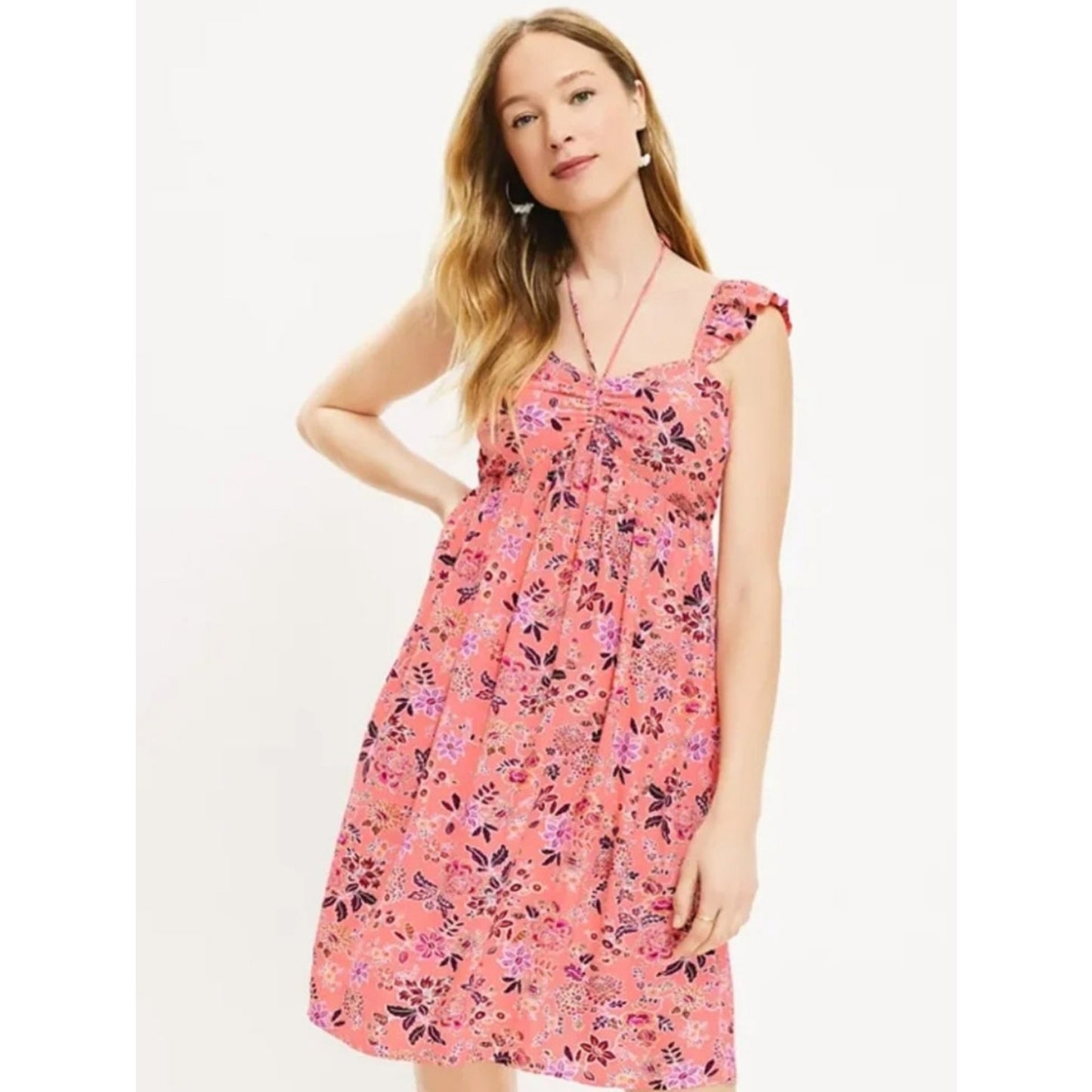 Coral Floral Dress Size 8 Ruffle Sleeve Tie Front Babydoll Mini Sundress