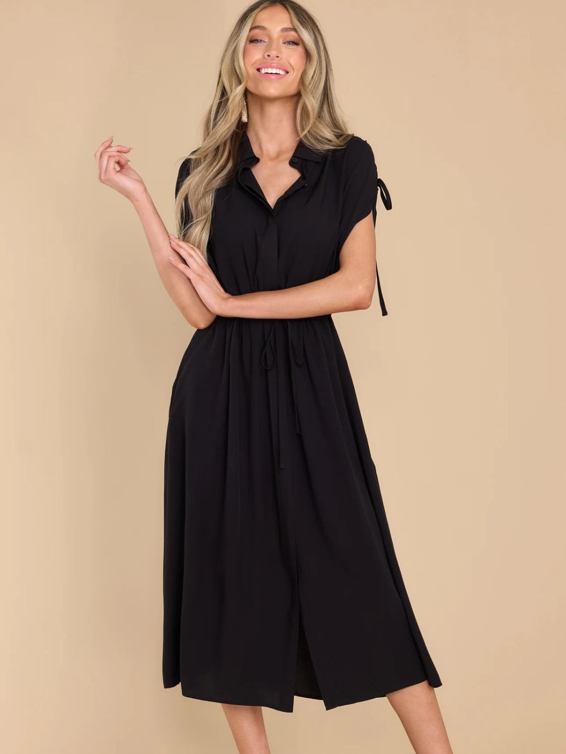 Drawstring Collared Neck Short Sleeve Midi Dress - Scarlett's Riverside Boutique 