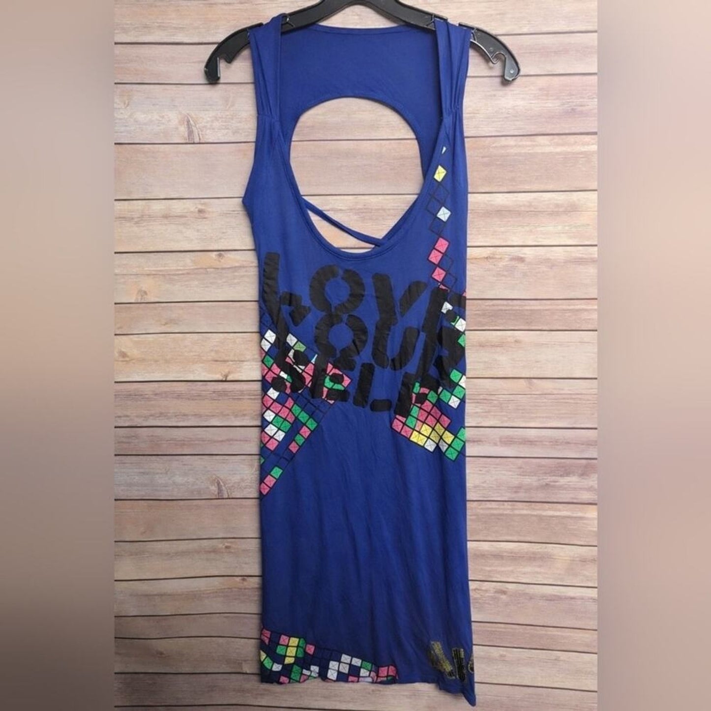 NWTs Sleeveless Blue Graphic Tank Dress | Size M | Open Back Cutout