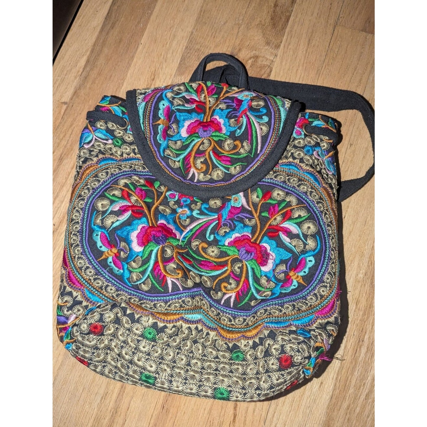 Boho Embroidered Floral Mini Backpack Black Canvas Drawstring Backpack