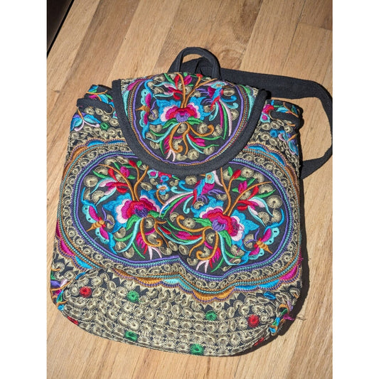 Boho Embroidered Floral Mini Backpack Black Canvas Drawstring Backpack