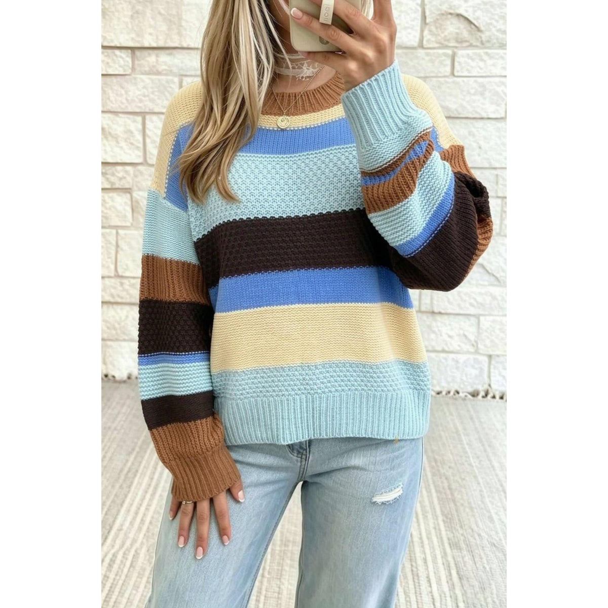 Multicolour Color Block Striped Round Neck Relaxed Sweater