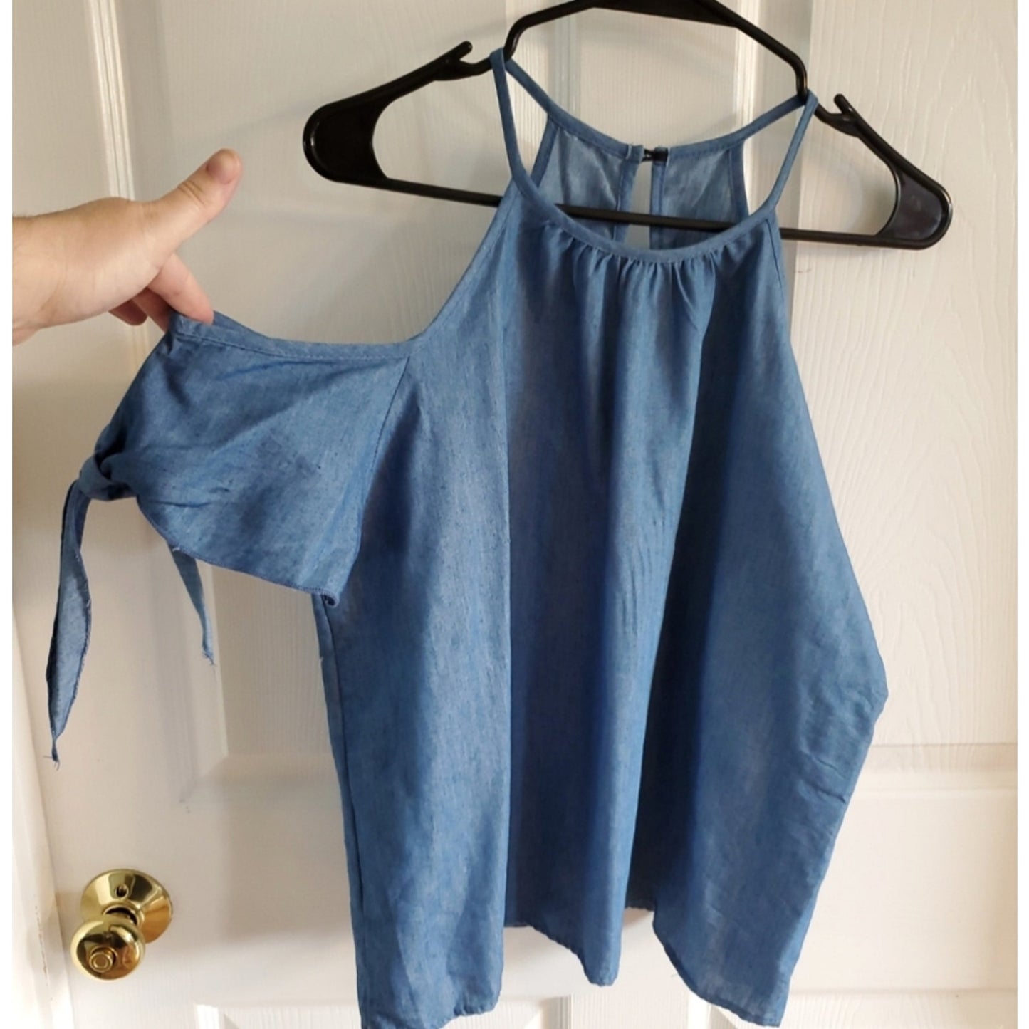 Charlotte Russe Chambray Blue Cold Shoulder Halter Top | Tie Sleeve Boho Blouse