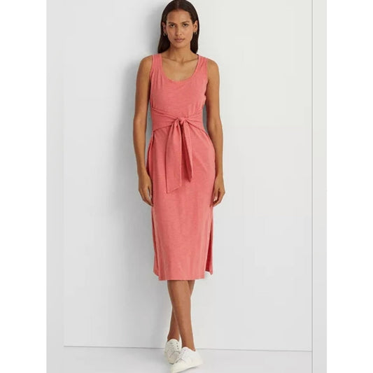 Ralph Lauren Coral Sleeveless Midi Dress Size 8 Tie Waist Side Slit Casual