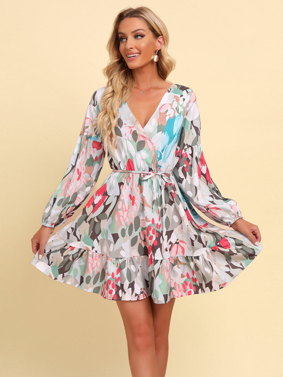 Printed Tie-Waist Puff Sleeve Surplice Dress - Scarlett's Riverside Boutique