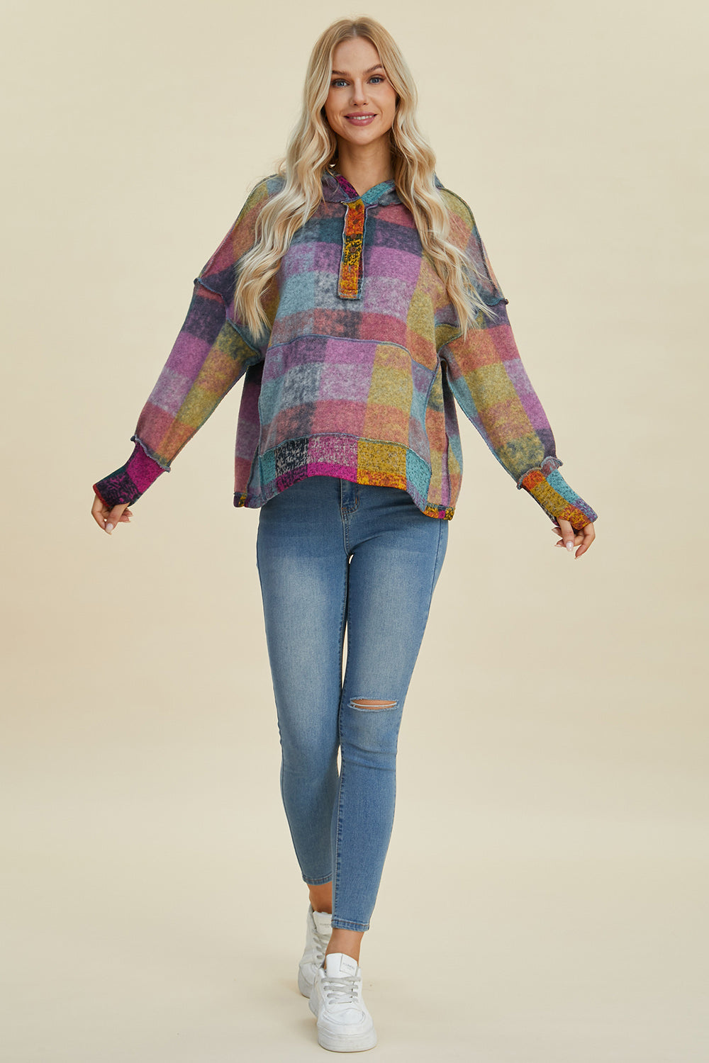 Double Take Full Size Plaid Dropped Shoulder Hoodie - Scarlett's Riverside Boutique 