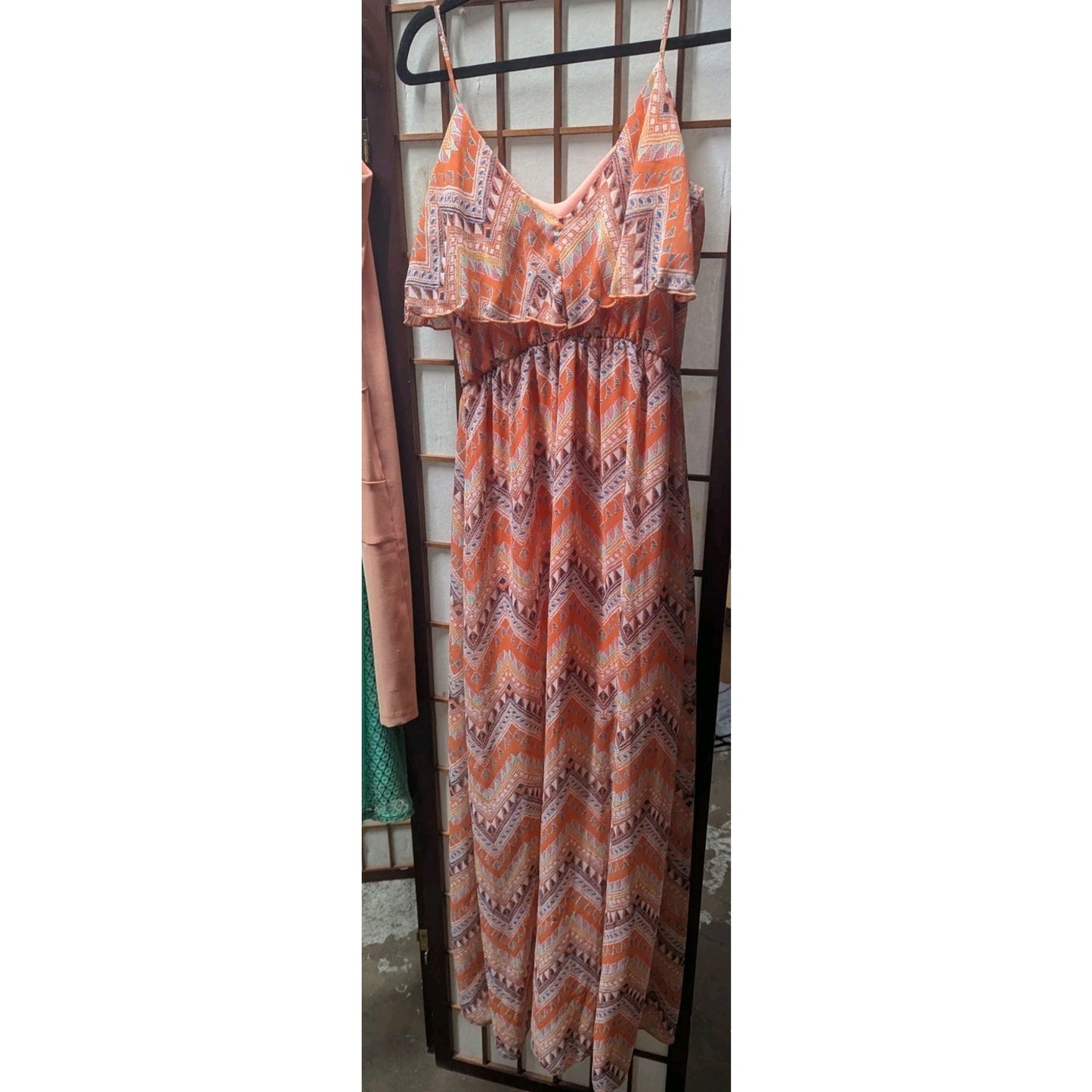 Y2K Charlotte Russe Small Orange Tribal Chevron Ruffle Maxi Dress Spaghetti...