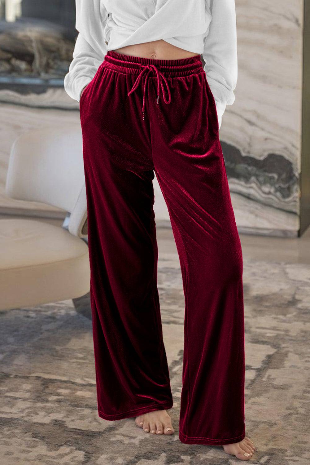 Burgundy Solid Drawstring Waist Wide Leg Pants - Scarlett's Riverside Boutique 