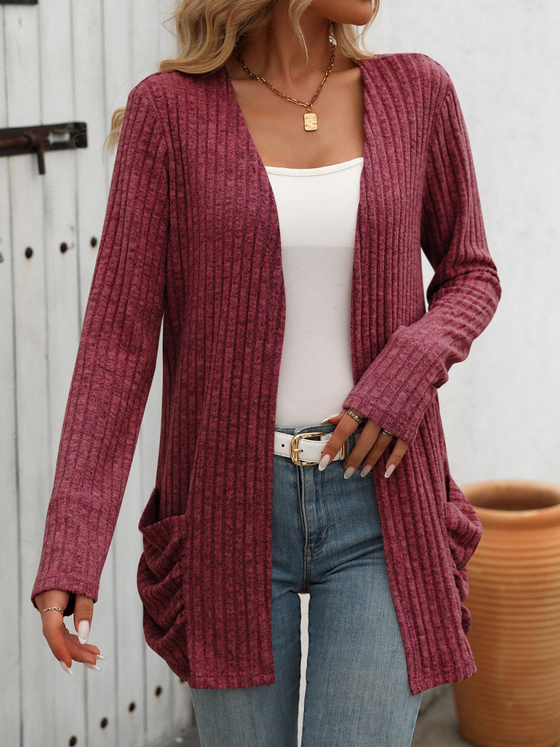 Open Front Long Sleeve Ribbed Cardigan - Scarlett's Riverside Boutique 