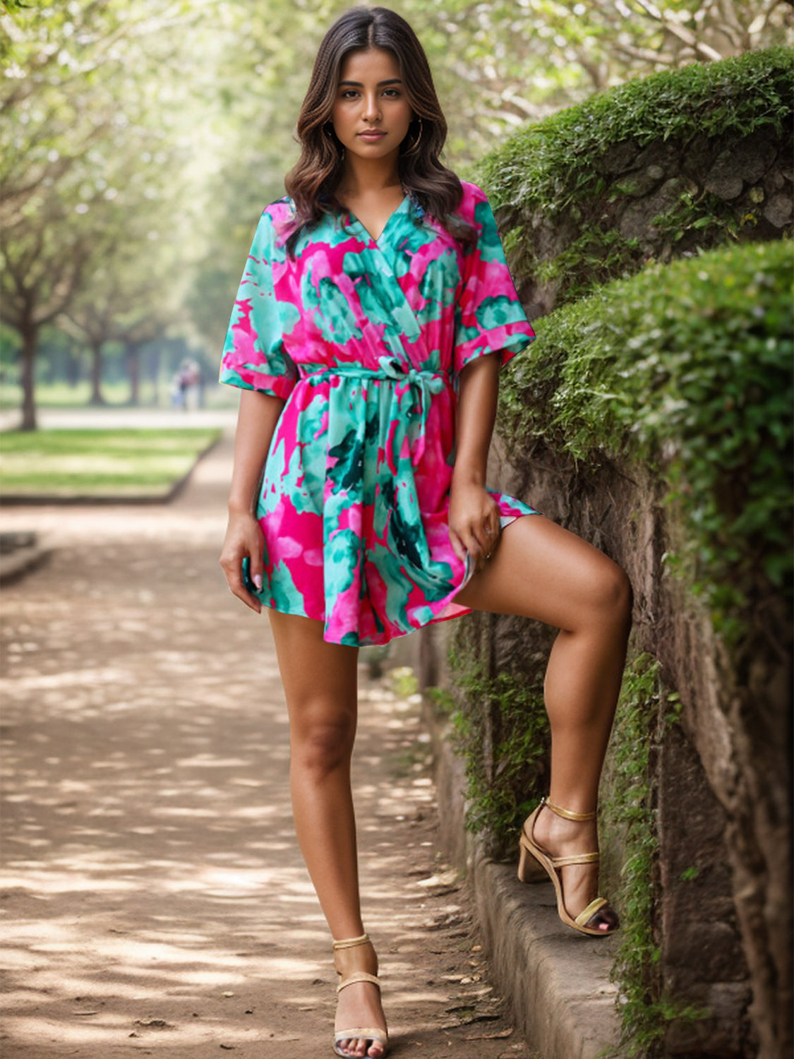 Printed Surplice Half Sleeve Romper - Scarlett's Riverside Boutique 