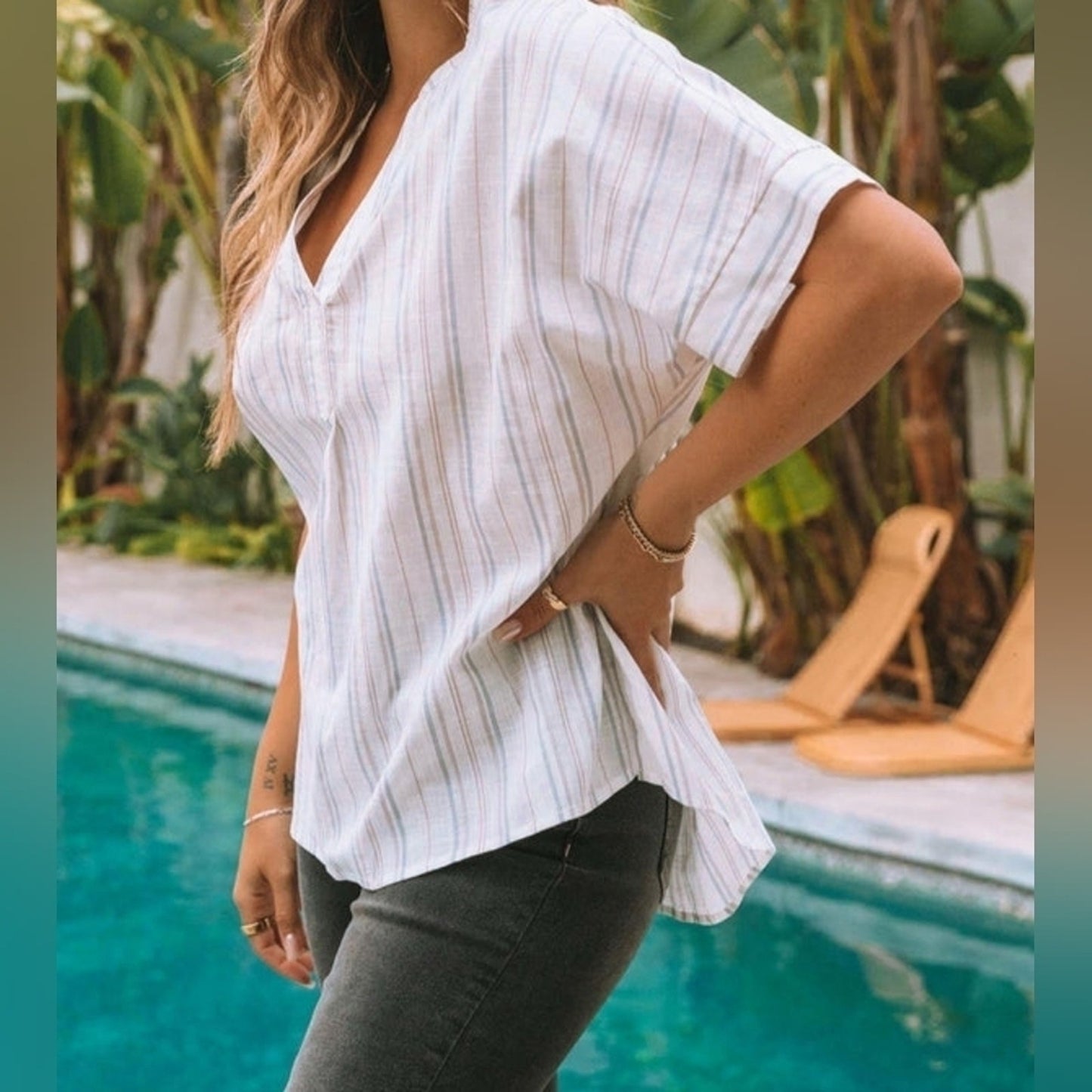 Linen Blend basic dressy top  striped top, NWTs Oversized M #C24