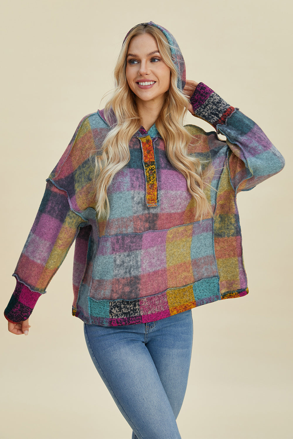 Double Take Full Size Plaid Dropped Shoulder Hoodie - Scarlett's Riverside Boutique 