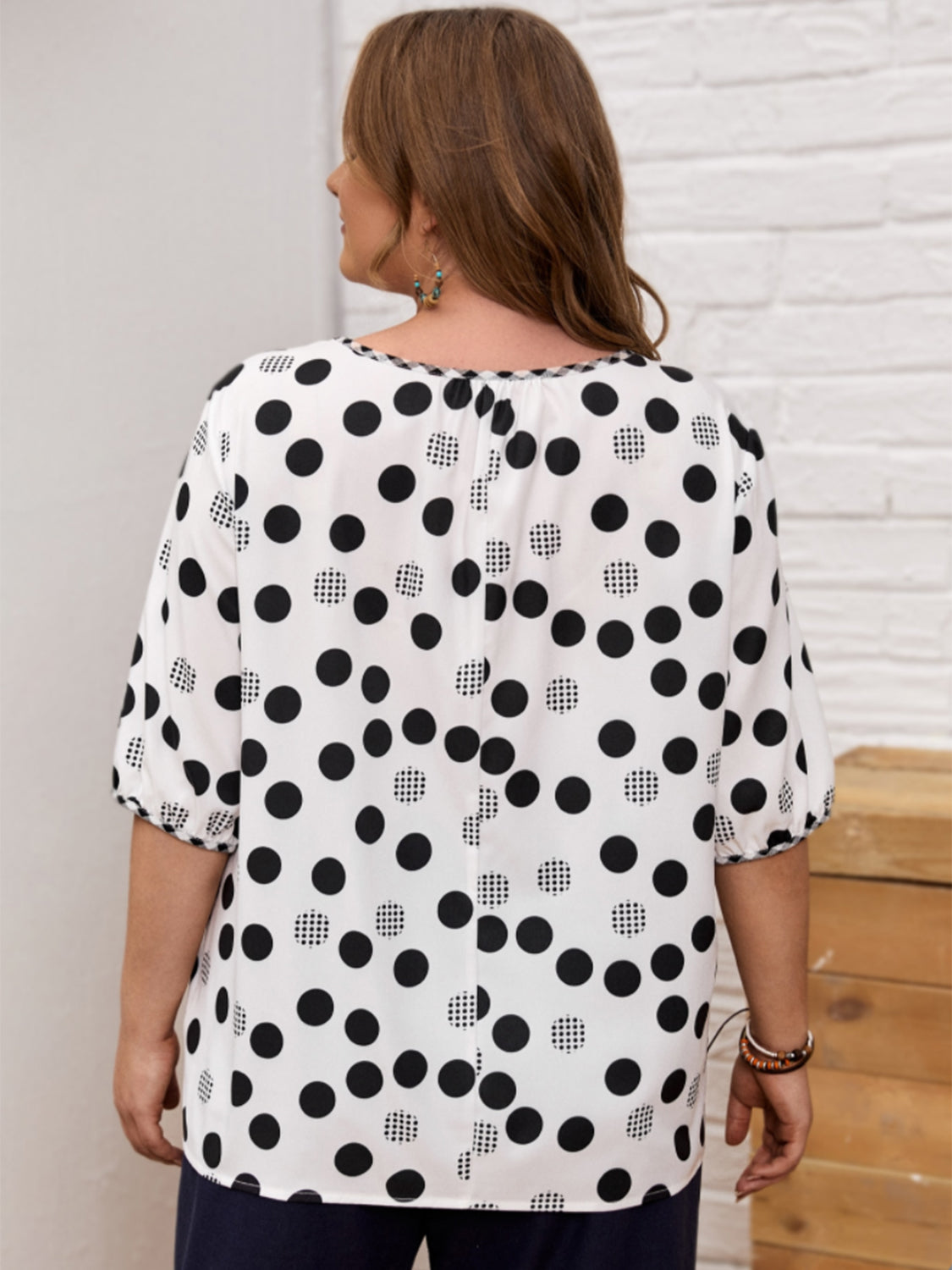 Plus Size Polka Dot Round Neck Half Sleeve Blouse - Scarlett's Riverside Boutique 