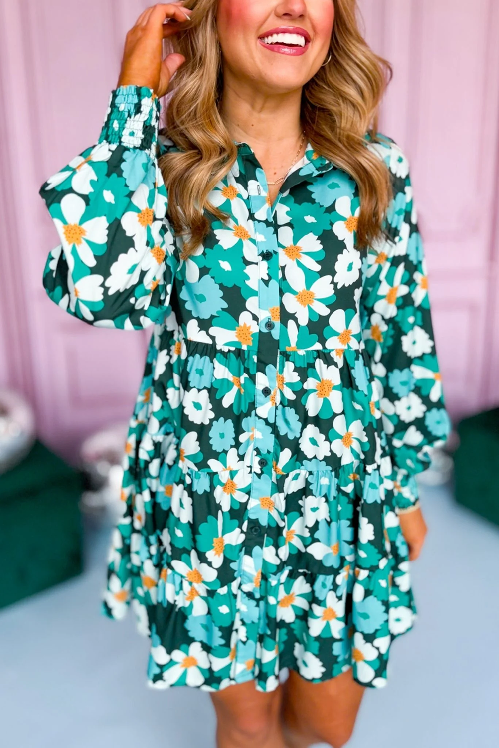 Green Floral Tiered Long Puff Sleeve Shirt Dress - Scarlett's Riverside Boutique 