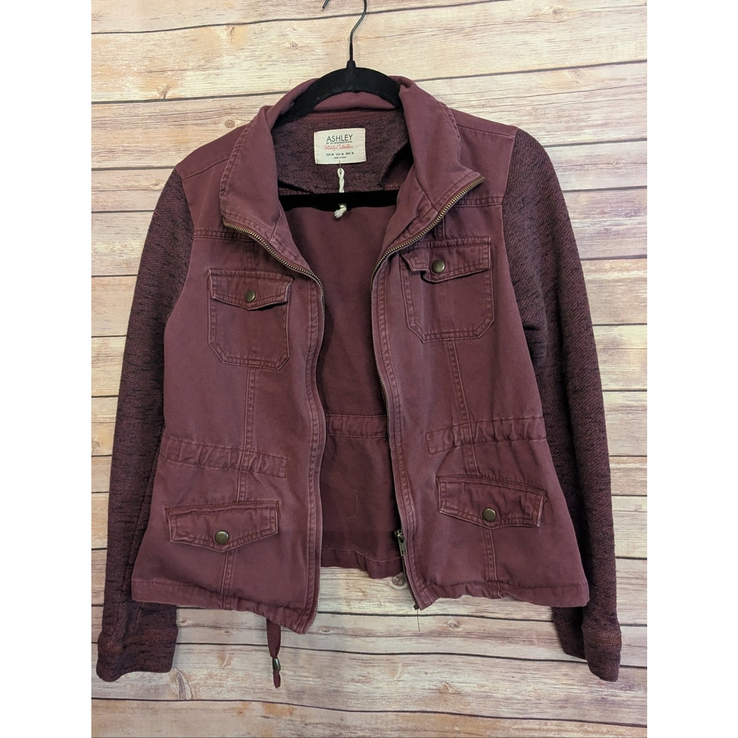 Ashley Utility Jacket Women’s Medium Burgundy Knit Sleeve Zip Military Anorak