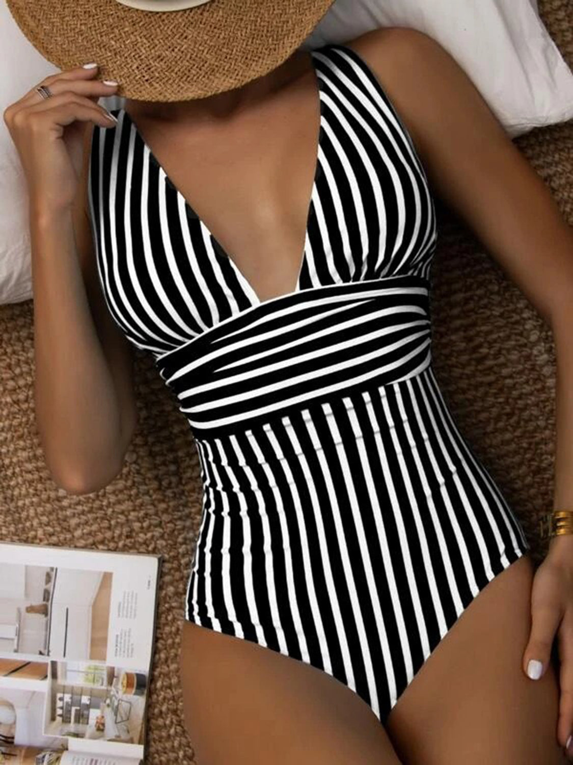 Striped Plunge Sleeveless One-Piece Swimwear - Scarlett's Riverside Boutique 