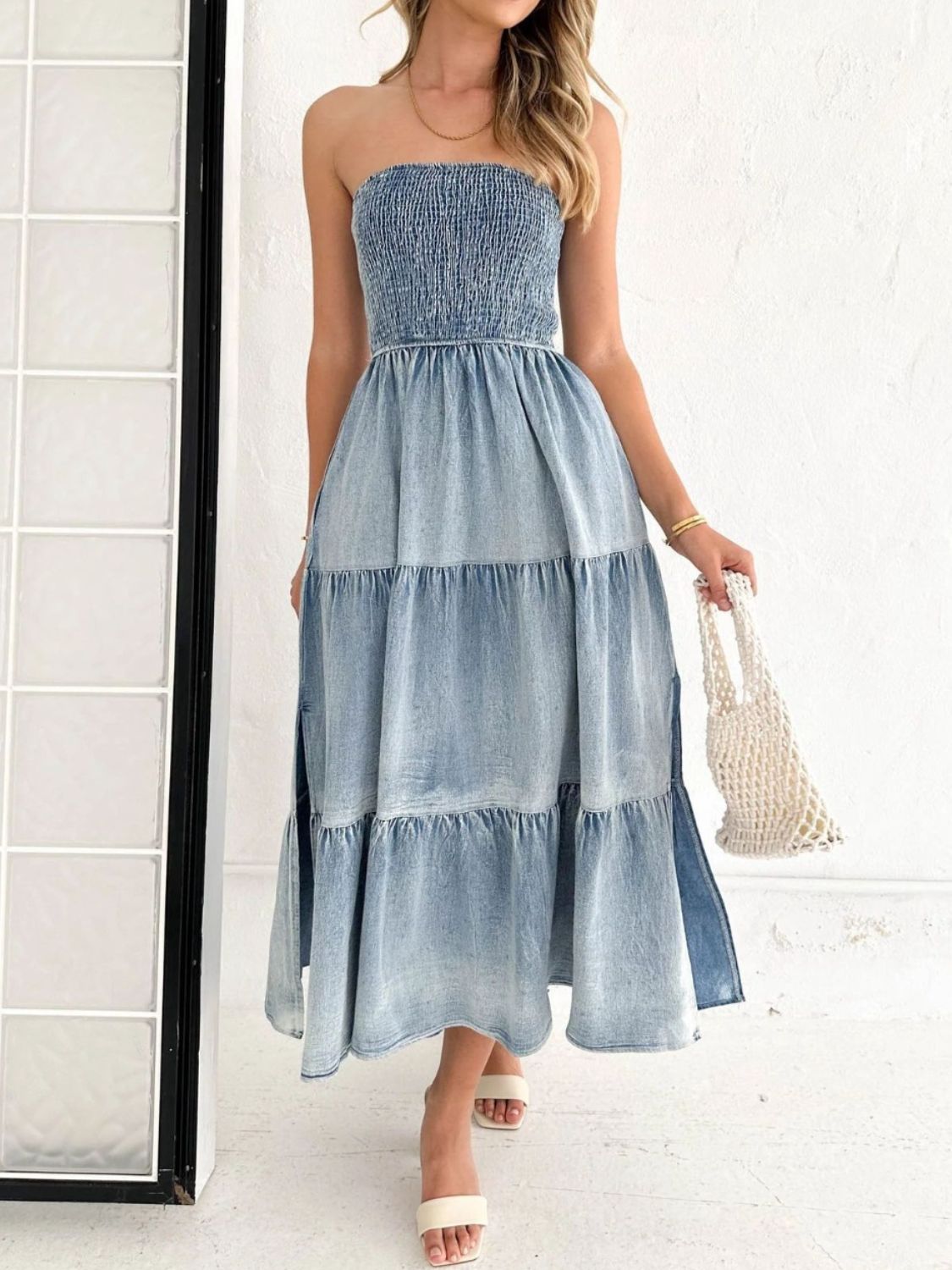 Slit Smocked Tube Tiered Denim Dress - Scarlett's Riverside Boutique 