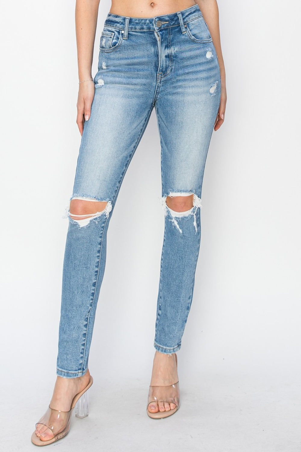 Risen Full Size High Rise Knee Distressed Skinny Jeans - Scarlett's Riverside Boutique 