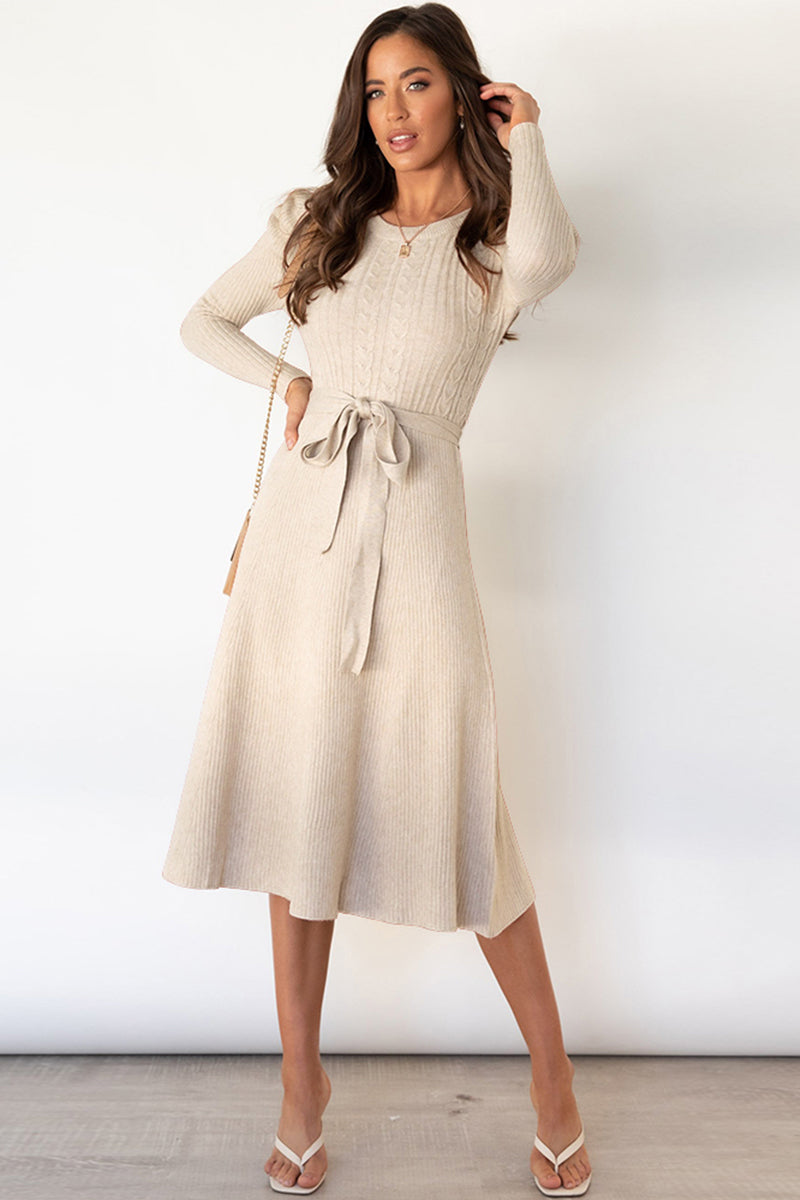 Round Neck Long Sleeve Tie Waist Sweater Dress - Scarlett's Riverside Boutique 