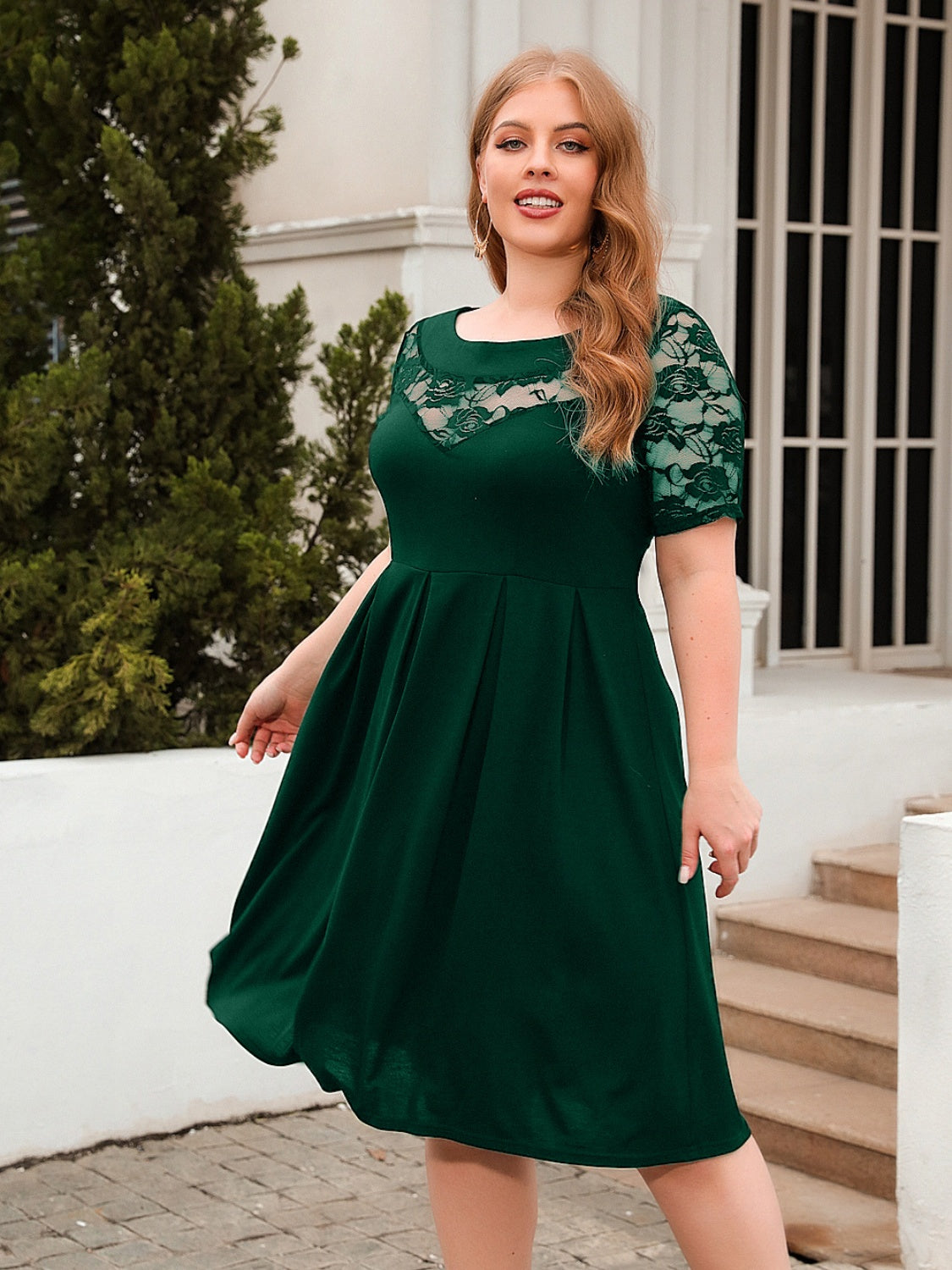 Plus Size Ruched Round Neck Short Sleeve Dress - Scarlett's Riverside Boutique 