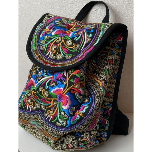 Boho Embroidered Floral Backpack Black Colorful Ethnic Festival Travel Bag Hippi