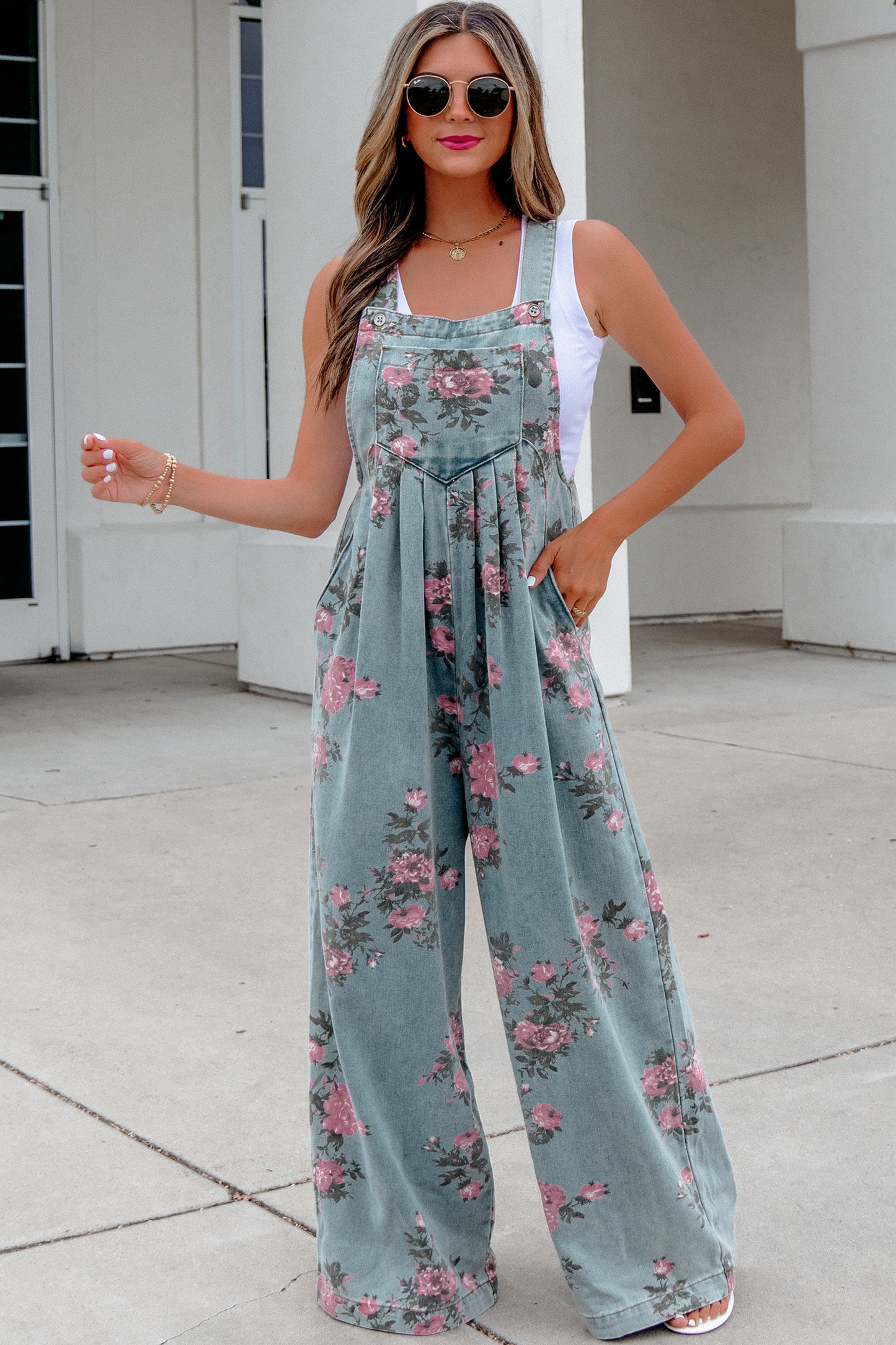 Beau Blue Floral Denim Jumpsuit Wide Leg Pleated Sleeveless Boho Overalls