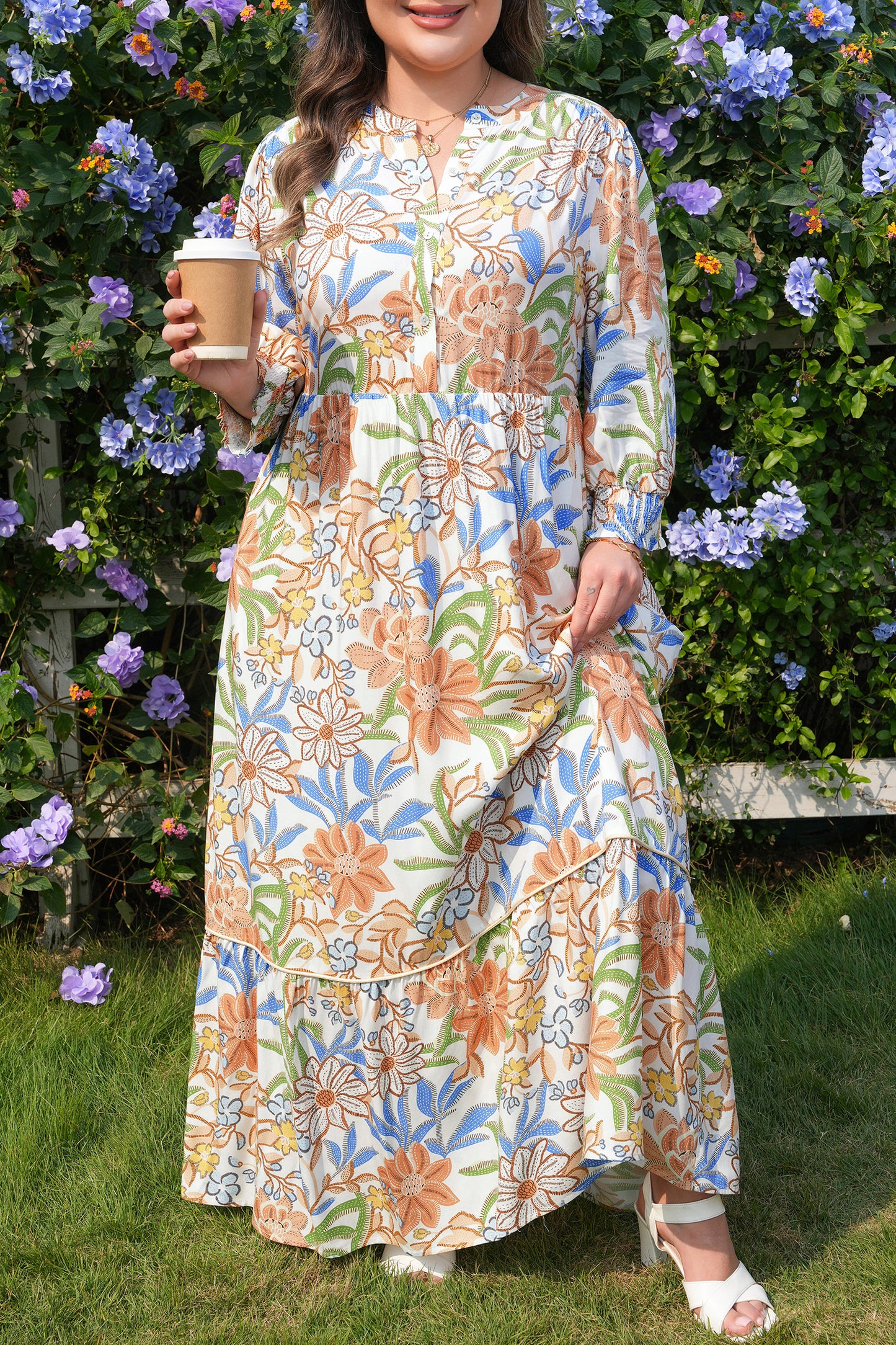 Plus Size Khaki Floral Maxi Dress | 3/4 Sleeve Tiered Boho Long Dress