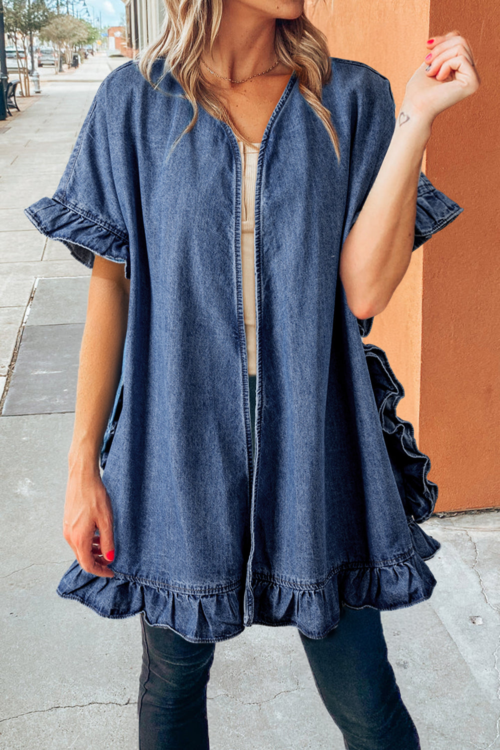 Dusk Blue Chambray Ruffle Hem Half Sleeve Open Loose Kimono - Scarlett's Riverside Boutique 