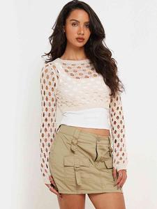 Openwork Long Sleeve Cropped Knit Top Knitwear Womenswear Knitting