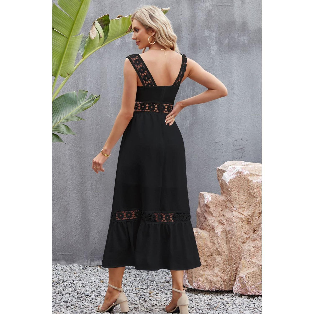 Spliced Lace Square Neck Sleeveless Midi Dress Casual Polyester Womenswear Stretchy