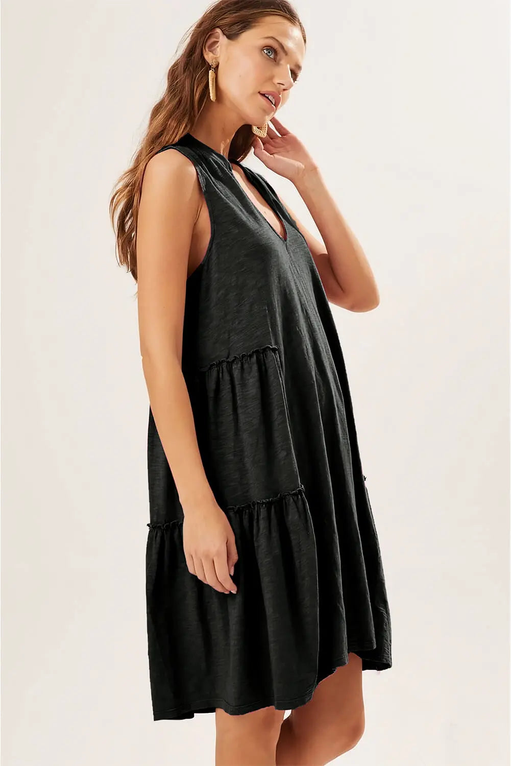 Black Split V Neck Tiered Flowy Sleeveless Dress - Scarlett's Riverside Boutique 