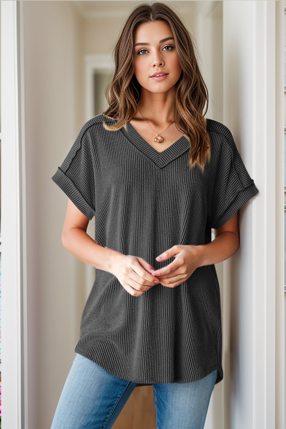 Textured V-Neck Short Sleeve Top - Scarlett's Riverside Boutique 