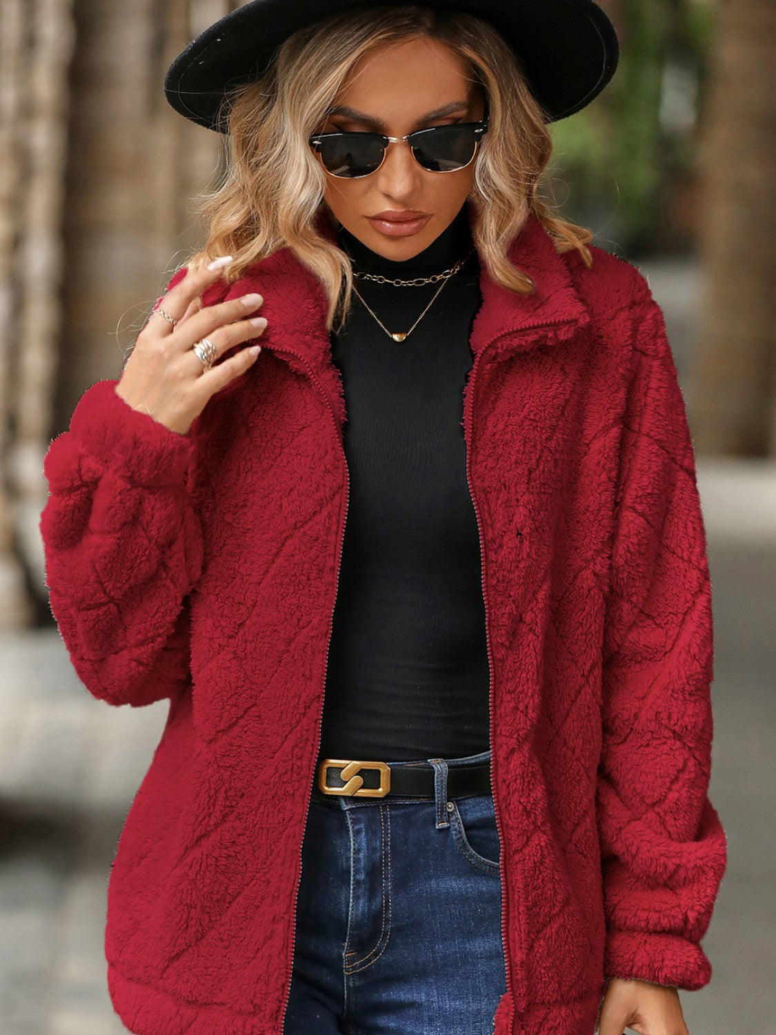 Fuzzy Pocketed Zip Up Jacket - Scarlett's Riverside Boutique 