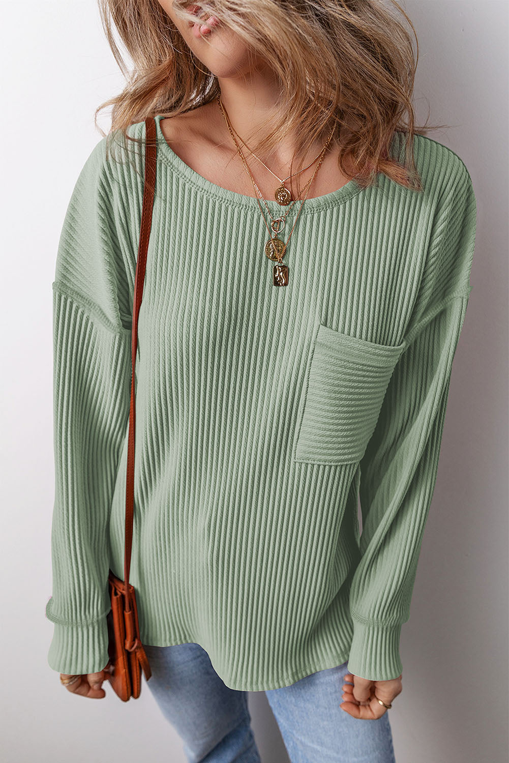 Pocketed Round Neck Long Sleeve Top - Scarlett's Riverside Boutique 