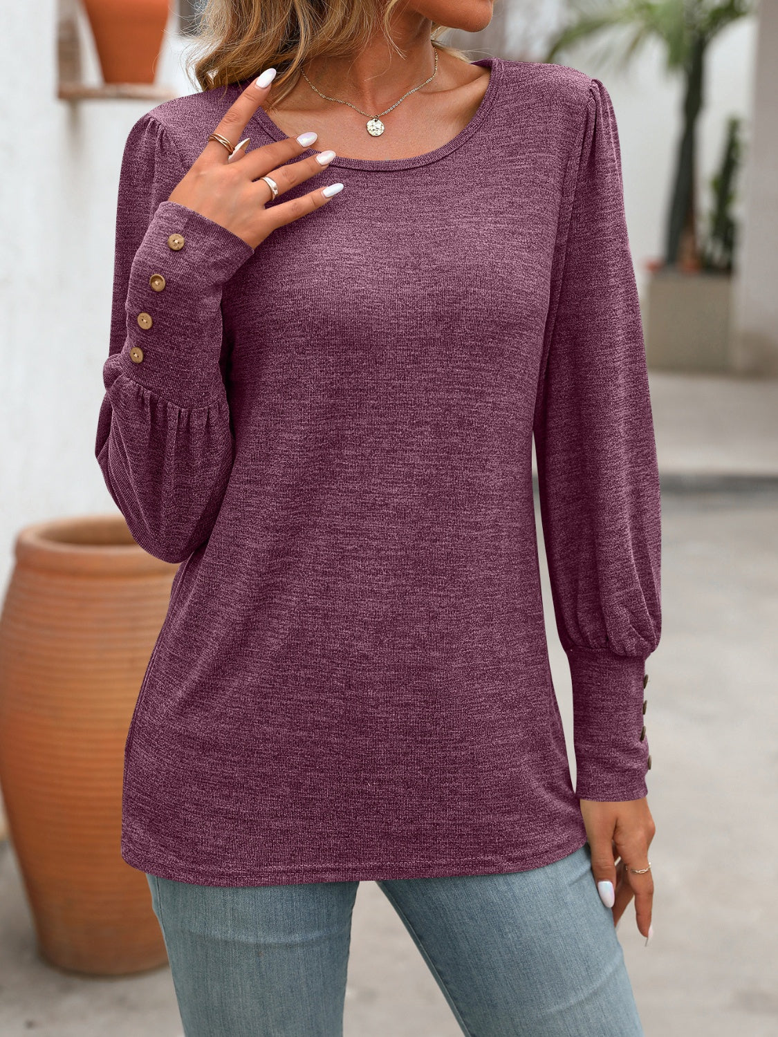 Decorative Button Round Neck Long Sleeve T-Shirt - Scarlett's Riverside Boutique 