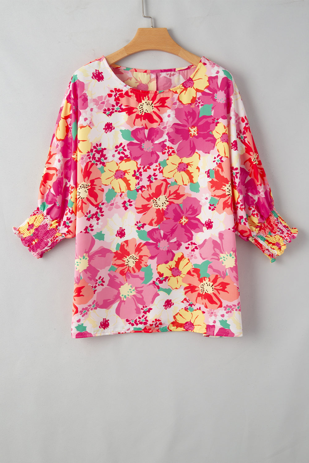 Pink Shirred Cuffs 3/4 Sleeve Floral Blouse - Scarlett's Riverside Boutique 