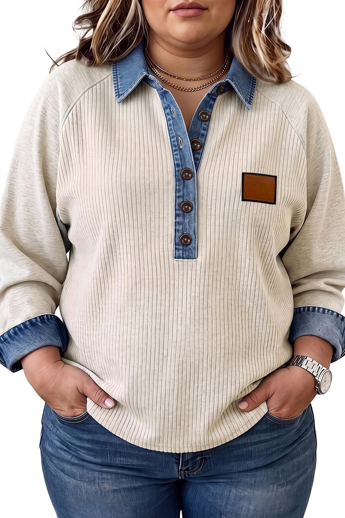 Light Grey V-Neck Long Sleeve Tunic Top with Denim Collar Cuffs Ribbed Texture Plus Size Blouse