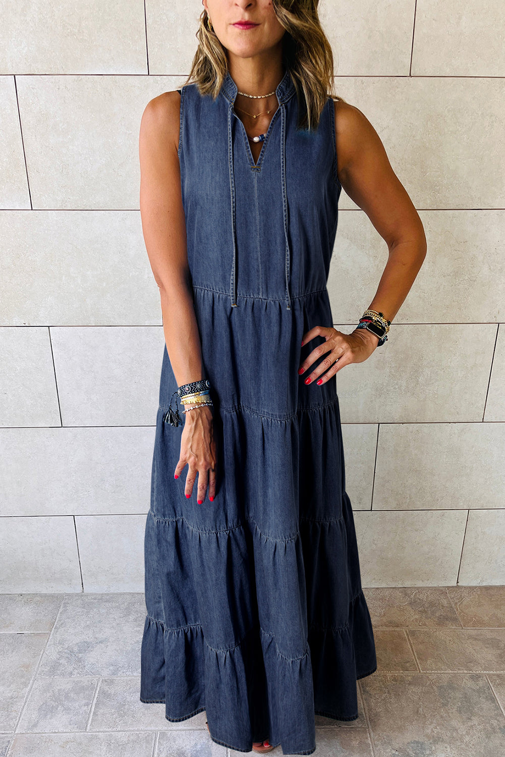 Real Teal Sleeveless Tiered Chambray Maxi Dress - Scarlett's Riverside Boutique 