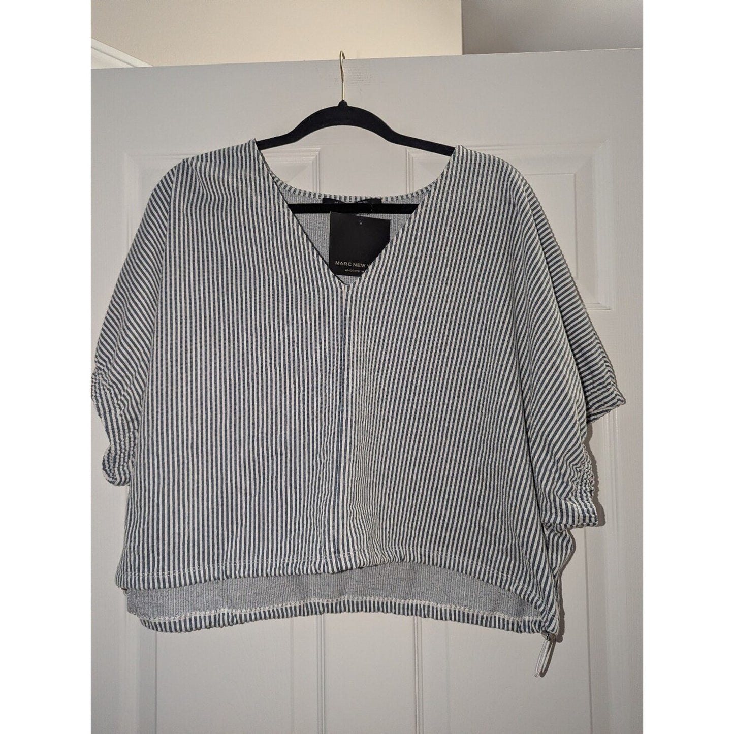 Marc New York Andrew Marc Womens M Navy White Stripe V Neck Boxy Top NWT