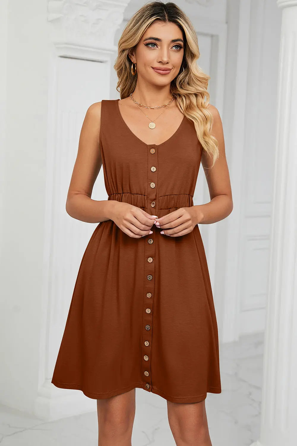 Buttoned Wide Strap Mini Dress - Scarlett's Riverside Boutique 